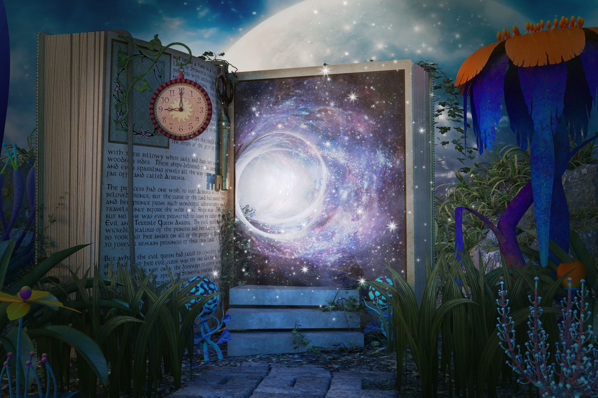 Magical open book on a strange planet with a portal, 3d render.