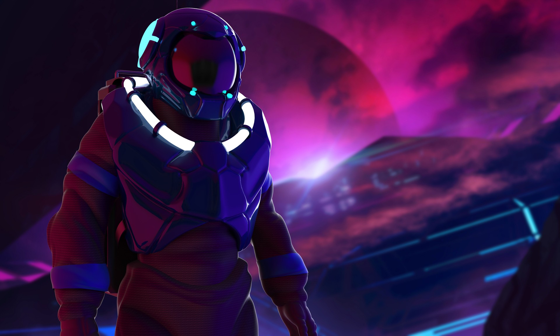 Astronaut in space suit on alien futuristic purple and blue colored station.