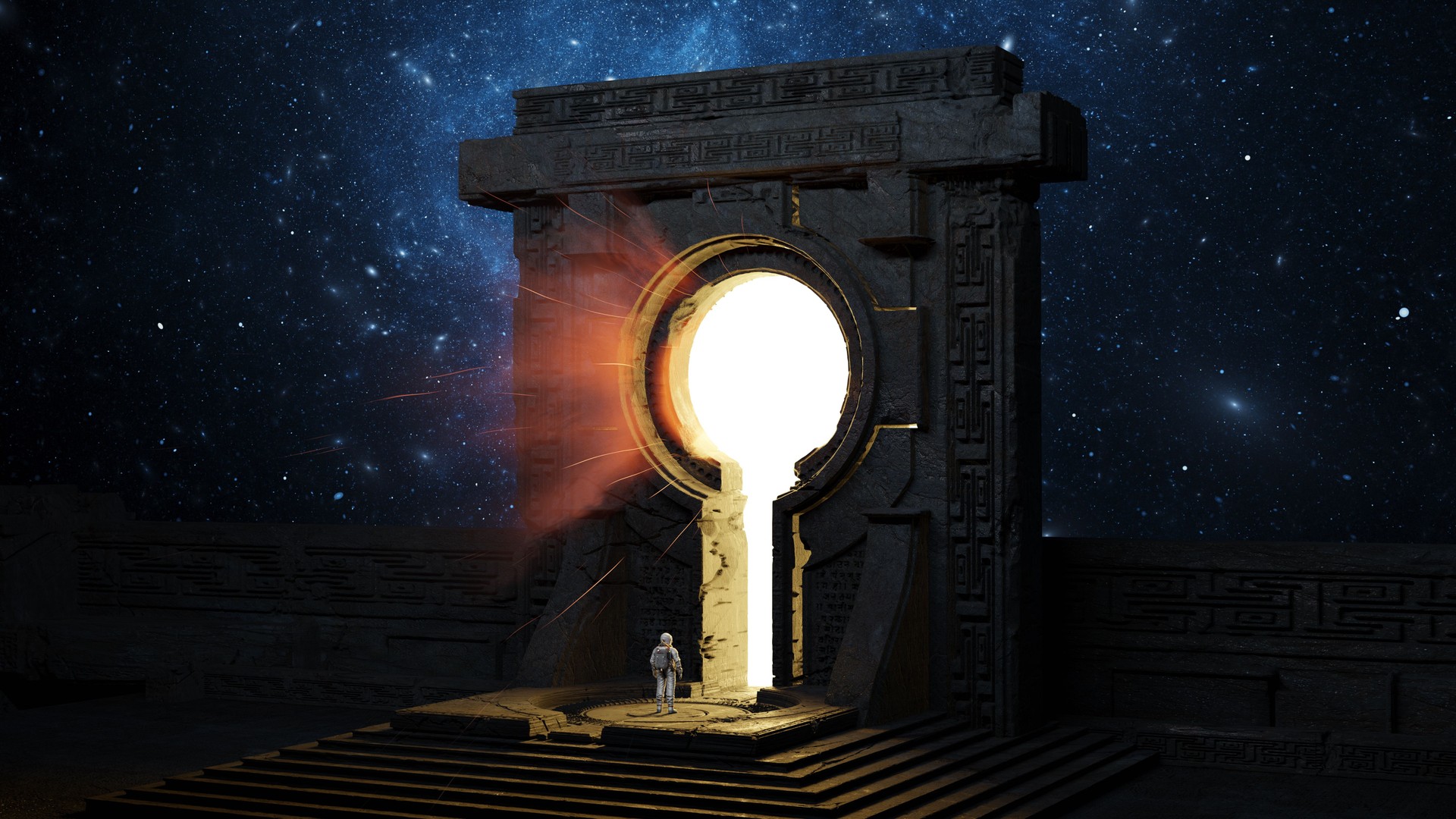 Astronaut facing an ancient portal emitting a bright light against the cosmic backdrop of stars.Cosmonaut and stargate doorway. 3d render