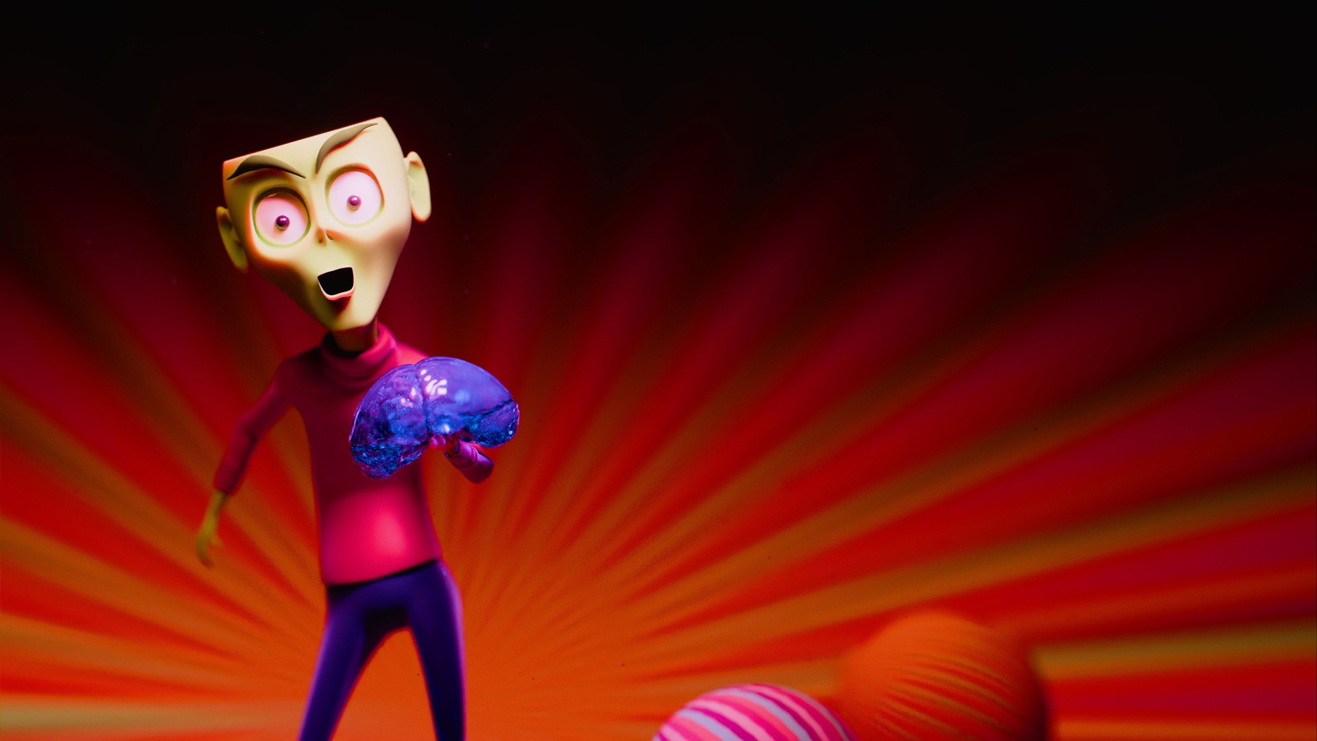Close-Up 3D Surprised Alien Holding a Glossy Purple Brain Against Red Burst Background